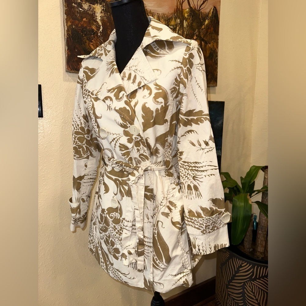 CAbi XS Floral Trench Coat Jacket Minimalist Chic Cotton Linen Neutral Cream Tan - Picture 7 of 13